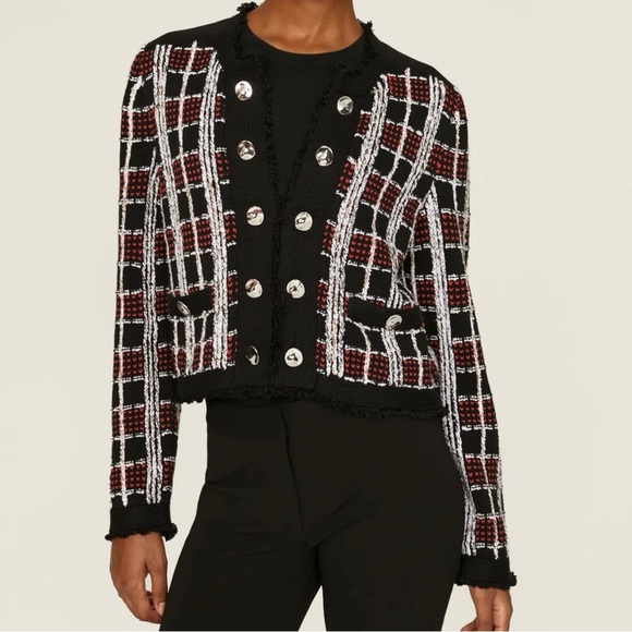 Milly Black Tweed Cardigan Red White Plaid Silver Buttons Size Medium - Picture 1 of 8